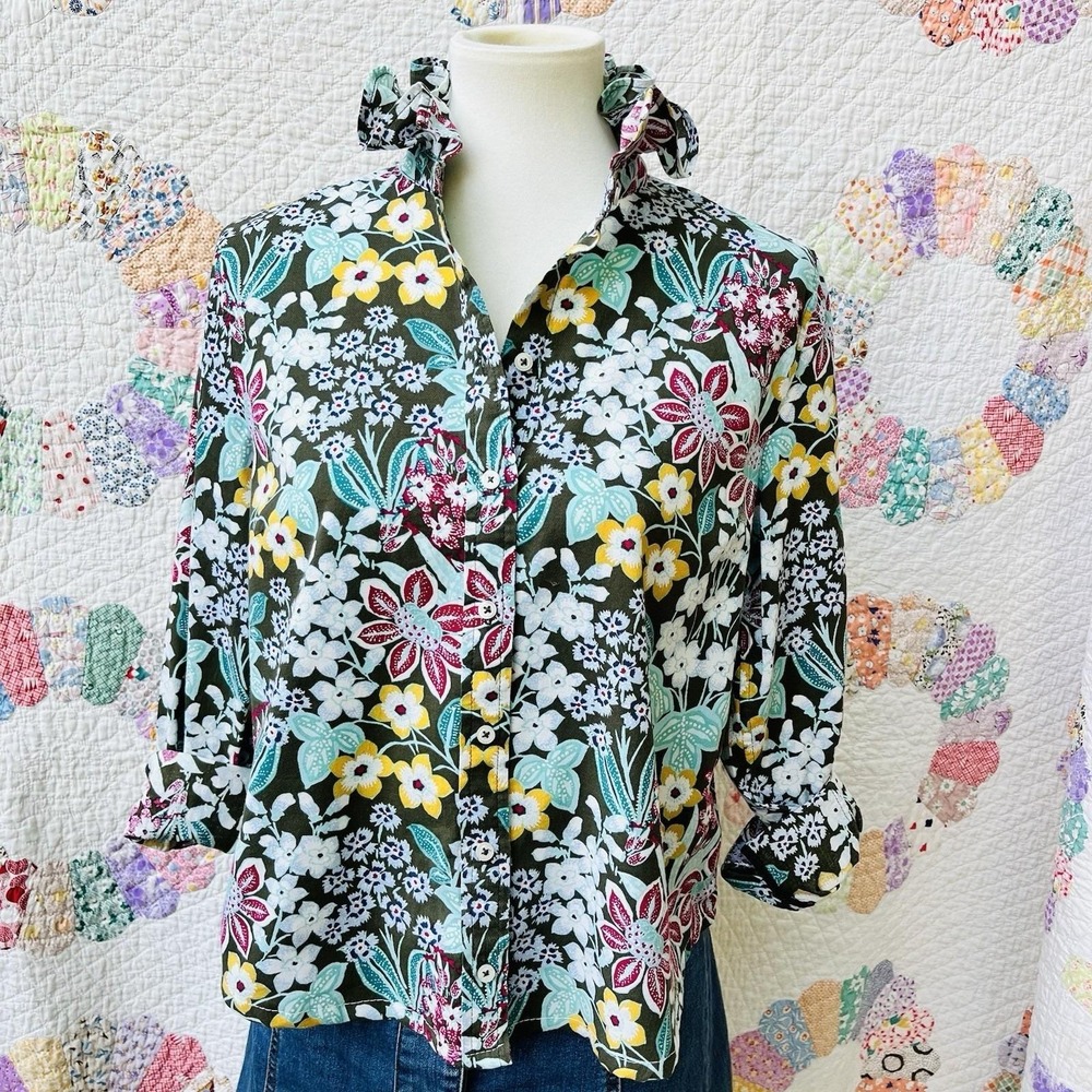 Upcycled Fairycore Talbots Loden Green Floral Long Sleeve Ruffle Collar Shirt M - Picture 2 of 9